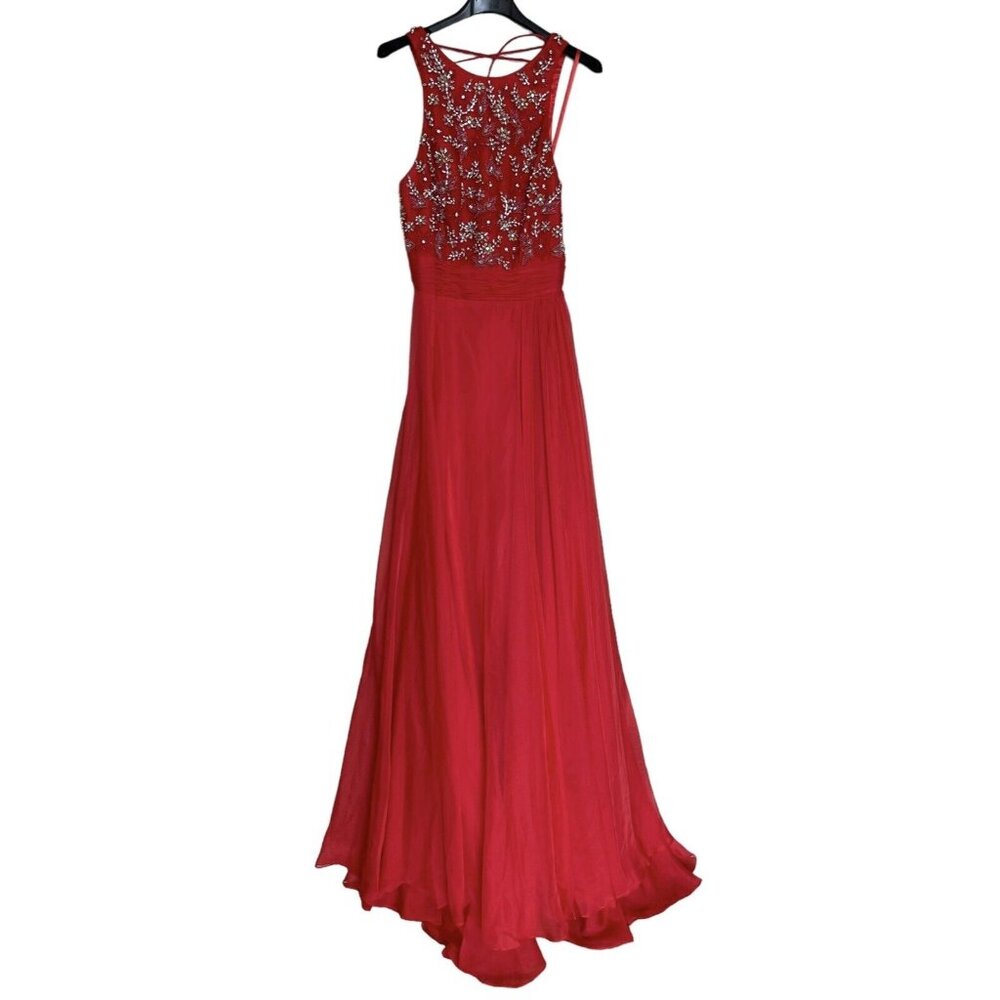 Mac Duggal Gown Dress Size 2 Red Floral Lace Up Beaded Chiffon Lace 68022 $498